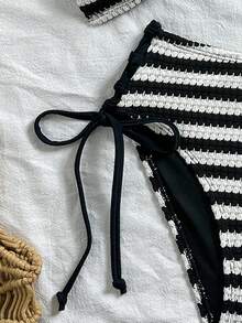 Swim Basics Women's Jacquard Fabric Twist Knot V-Neck Tie Bikini Set, Sexy Beach Vacation - Black and White - View 6