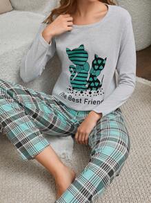 EURMUSE 100% Cotton 2Pcs  Cat Pinted PJ Set - Grey - View 5