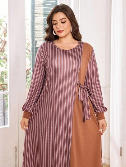 SHEIN Lacomfia 大码女式休闲优雅条纹灯笼袖侧系腰运动衫连衣裙