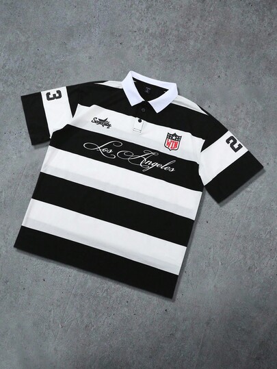 Prep Men's Polo Shirt, Striped Pattern Print Short Sleeve Polo Shirt, Sports College Style