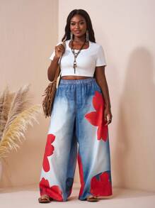 SHEIN CURVE+ Plus Size Floral Print Denim Effect Pants, Autumnfall Clothes For Women,Winter,CURVE PLUS/Autumn /Winter - Multicolor - View 4