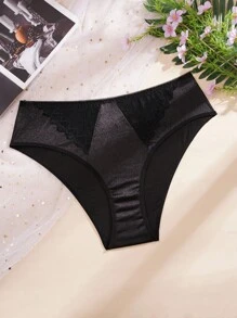 SHEIN 加大码性感纯色蕾丝拼布内裤 - 黑色 - 查看 3