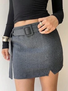 Siren Gaze Gray Woolen Low Waist A-Line Skirt With Belt Shorts For Women,Black And White Striped,Autumn,Chic,School,Back-To-School Teacher's Day Style - Grey - View 6