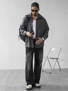 Manfinity Homme 1pc Men's Solid Color Long Sleeve Single Breasted Casual Pocket Shacket ,Dark Grey Button-Up Oversized Streetwear Shacket, A Great Gift For Your Boyfriend, Back To School, Corduroy