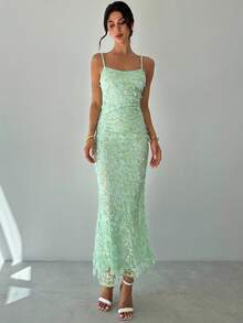 Firerie فستان سهرة أنيق للنساء مع تطريز بالترتر، حمالات رفيعة، سحاب، ظهر مكشوف، شق عالي في الذيل، مناسب للجسم، أزرق أخضر، مناسب للصيف والخريف