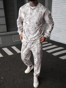 Manfinity Homme Men's Crew Neck Pullover Sweatshirt Set, Mature Casual Style Men Tie Dye Jogger Set Men 2 Pieces Set Men Grey And White Set Men 2 Pieces Outfits Men Jogger Set