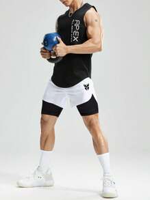 Manfinity Sport Polished Men's Contrast Color Letter Print High Waist Summer Sports Shorts 2 In 1 Shorts White Running Shorts White White Gym Shorts Men Running Shorts