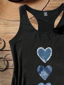 SHEIN LUNE 休闲蓝色牛仔心形图案背心，50% 棉，复古风格