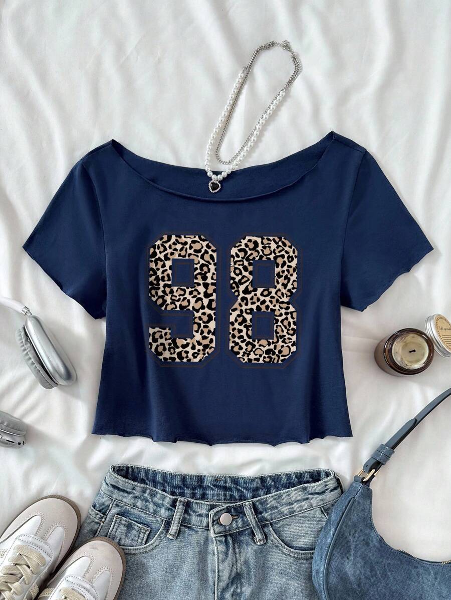 SHEIN 街头休闲运动豹纹 98 字母，青少年女孩休闲街头时尚复古学院不对称领口宽松个性插肩短款针织舒适纯棉纯色 T 恤 - 藏蓝色 - 查看 1