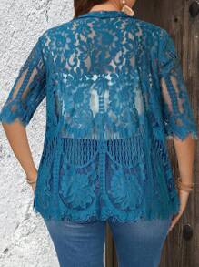 EMERY ROSE Cárdigan de vacaciones con manga corta y encaje floral para mujer de talla grande, atuendo de vacaciones casual de campo, sencillo y de moda para uso diario, blusas de verano para mujer, conjuntos de verano para mujer