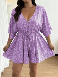 Sunnyshic Plus Size Women's V-Neck Button Ruffle Sleeve Short Sleeve Loose Shorts Elegant Floral Cute Vacation Casual French Jumpsuit, Spring/Summer