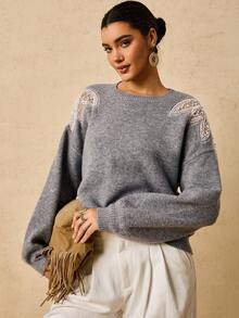 Travachic Áo len chui đầu đính hạt thời trang cỡ lớn cho nữ vào mùa thu/đông - Xám - Xem 5