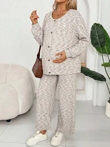 SHEIN 2pcs Maternity Tie-Dye Drop Shoulder Long Sleeve Button-Up Jacket And Adjustable Waist Pants Casual Outfit Lingerie Lingerie Set Underwear Women Pajama Pajama Dress Loungewear Nightgown Robe Sleepwear Sleepwear Set Tank Top With Bra - Multicolor - View 3