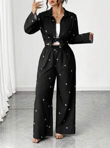 SHEIN PETITE CURVE 大码花卉印花长袖上衣和裤子两件套，休闲 - 黑色 - 查看 1