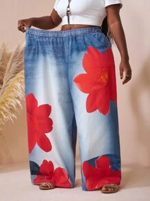 SHEIN CURVE+ Plus Size Floral Print Denim Effect Pants, Autumnfall Clothes For Women,Winter,CURVE PLUS/Autumn /Winter - Multicolor - View 7