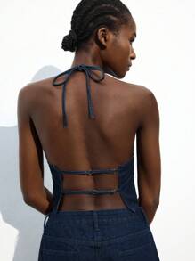 Maija 女士深蓝色牛仔露背性感蝴蝶结上衣 - 中等水洗藍 - 查看 3