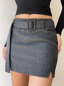 Siren Gaze Gray Woolen Low Waist A-Line Skirt With Belt Shorts For Women,Black And White Striped,Autumn,Chic,School,Back-To-School Teacher's Day Style - Grey - View 1