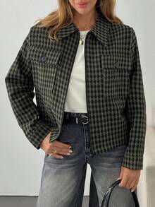 EURMUSE Women's Casual 70s Retro Vintage Collared Zip-Up Long Sleeve Jacket Office Green Gingham Autumn - Multicolor - View 4