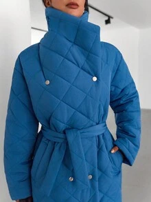 EURMUSE 女式绗缝长袖单排扣宽松口袋休闲长款夹克 - 藍色 - 查看 5