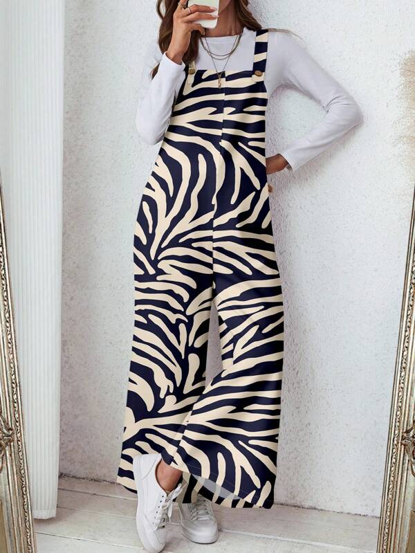 SHEIN LUNE Women's Casual Printed Pocket Loose Jumpsuit