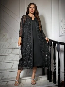 Ellevyn Curvy Plus Size Elegant Two-Piece Suit,Black Autumn Formal Evening Mesh Sequin Leaf Cardigan & Dress,Mother Of The Bride Wedding Guest Formal Outfit - Black - View 13
