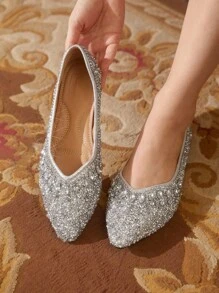 CUCCOO TILAWA Women's Fashionable Pointed Toe Flats With Rhinestones, Luxury Silver Color, Comfortable Casual Everyday Wear