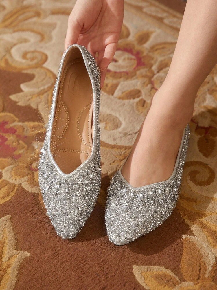 CUCCOO TILAWA Women's Fashionable Pointed Toe Flats With Rhinestones, Luxury Silver Color, Comfortable Casual Everyday Wear For Christmas