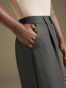 Ontre 2025秋冬新款灰色褶皱收腰抗皱阔腿斜口袋女士西装裤，现代优雅都市浪漫西部朋克Y2K乡村音乐节复古韩国机场旅行街头婚礼嘉宾生日万圣节商务休闲办公室约会派对郊游机场返校秋冬女装 - 灰色 - 查看 6