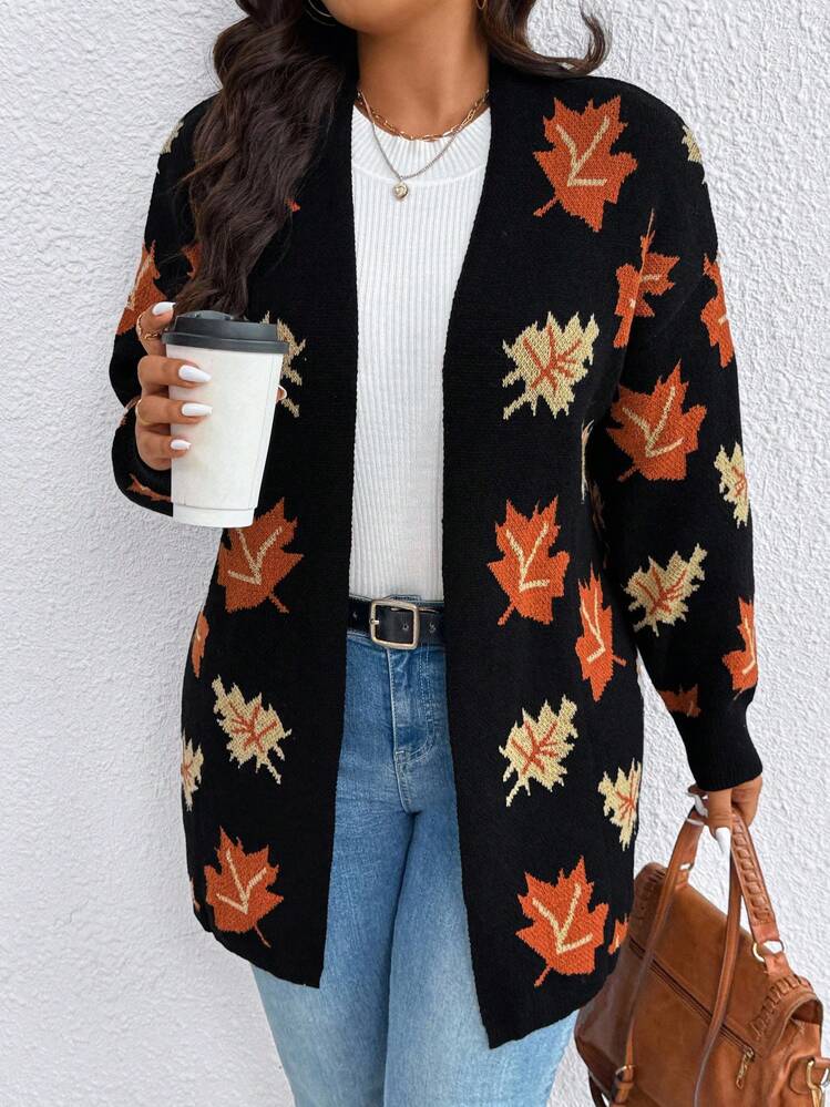 EMERY ROSE Cardigan Longgar Wanita Ukuran Plus dengan Motif Rajutan Daun Maple, Lengan Panjang untuk Musim Dingin, Gugur, dan Musim Gugur. - MultiWarna - View 1