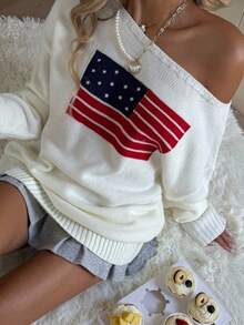 SHEIN 少女超大号不对称肩部宽松休闲套头衫，带有国旗图案，新年夜长袖运动衫上衣，保暖，时尚街头，休闲运动，英语图案，少女服装，百搭，宽松版型，返校，运动，学院，复古 - 白色 - 查看 6