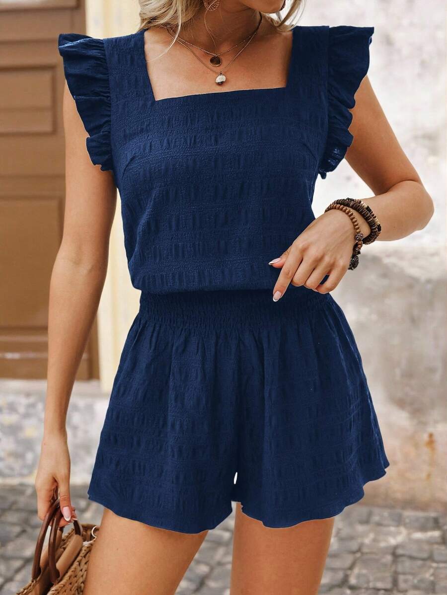 Brillora Two-Piece Set Of Plain And Simple Square Collar For Women In Holiday Style And Leisure - Navy Blue - View 1