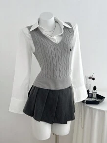 Elamini 女式V领休闲百搭学院风针织背心 - 灰色 - 查看 1