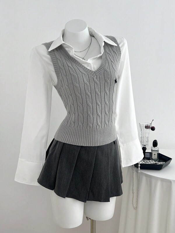 Elamini Chaleco de punto de estilo universitario versátil y casual con cuello en V para mujer