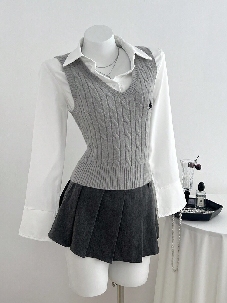 Elamini Women's V-Neck Casual Versatile Collegiate Style Knitted Vest - Grey - View 1