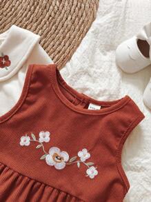SHEIN Set di body e top a maniche lunghe da bambina con ricamo floreale sul colletto e corpetto, abbigliamento da bambino autunno/inverno con ricami floreali - Arancione - Visualizzare 6