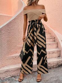 Breezaya Set de 2 piezas: Top hombros descubiertos de unicolor y pantalones con estampado geométrico, para uso casual en verano