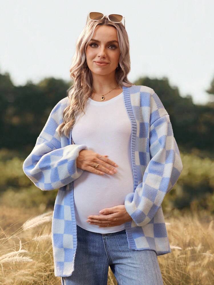 SHEIN Maternity Plaid Print Drop Shoulder Long Sleeve Cardigan Sweater - Blue - View 5
