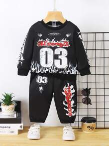 SHEIN 2 piezas Conjunto de sudadera y pantalón de chándal casual con estampado de número y llama para bebé niño, primavera/otoño, Cozy Pixies, ropa de invierno para bebé niño, conjuntos de niño, ropa de otoño para niños, ropa para niños/bebés, ropa de bebé niño, conjuntos casuales de bebé, ropa de invierno para bebé niño, 6M-3T - Negro - Ver 3