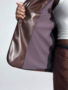 Maija 2025 Modern City Back To School Season Women's Loose PU Blazer With Wide Shoulders And Pockets, Suitable For Early Autumn Brown Blazer Women Brown Leather Blazer Brown Jacket Women Faux Leather Blazer Women Women Brown Blazer,Fall Clothes For Women,Winter Clothes For Women,Fall Outfits For Women,Halloween,Christmas,Business Casual Woman,Office Outfits For Women,Work Outfits For Women,