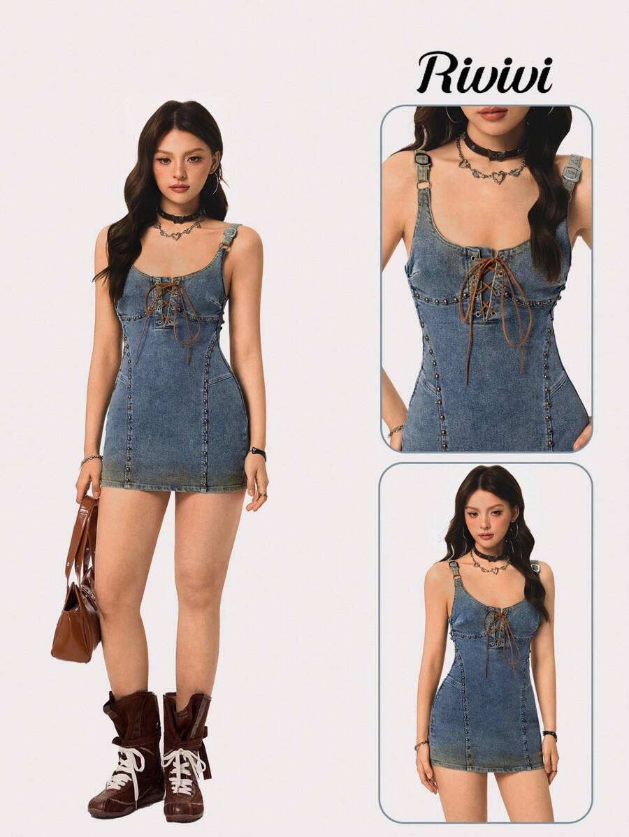 SHEIN ICON Women's Sexy Fitted Retro American Style Denim Camisole Dress - Light Wash - View 1