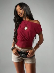 MISSGUIDED Top corto acanalado de hombros descubiertos con cintura fruncida y cuello ancho para fiestas de verano, ropa de calle, festivales, moda casual de todos los días, Navidad