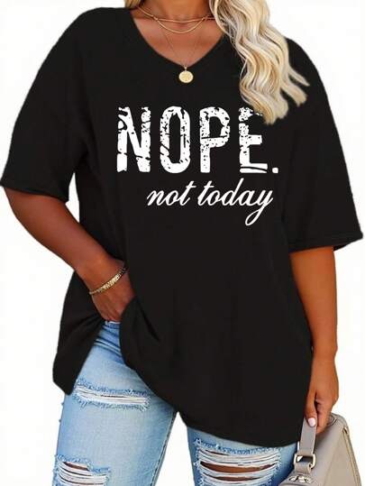 EMERY ROSE Large V-Neck Short Sleeved T-Shirt With Slogan Print, Suitable For Spring And Summer, Women's Clothing Graphic Tees Women Tops