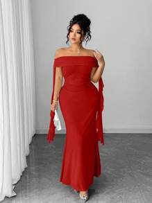 Elenzga Đầm thanh lịch thiết kế ruy băng cỡ lớn - Đỏ - Xem 3