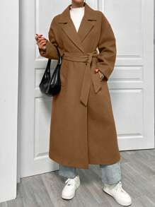 EURMUSE Lapel Neck Double Breasted Slant Pocket Waist Belt Tie-Up Woolen Overcoat - Camel - View 6