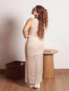 Lupita Cardoza WYWH 女士度假钩针针织上衣和开衩下摆半身裙套装，非常适合音乐节和波西米亚风格，钩针服装两件套 - 杏色 - 查看 2