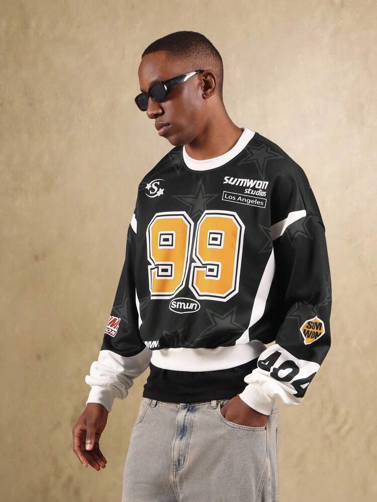 Varsity Number Graphic Sweatshirt With Star Pattern