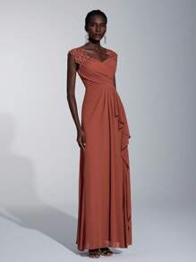 Elitara Appliques Detail Ruched Ruffle Trim Chiffon Formal Dress Elegant Prom Evening Wedding Guest Gown, For Graduation, Dinner Party Dress - Coral Orange - View 4