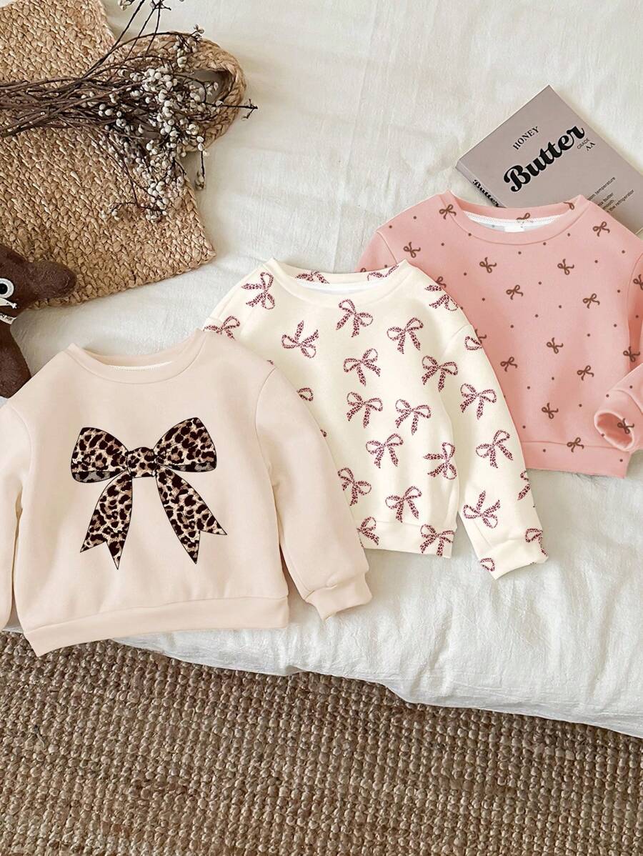 SHEIN Happikins 三件套女童奶油白、米色、粉色复古豹纹蝴蝶结迷你波点蝴蝶结图案休闲舒适柔软圆领套头卫衣,适合秋冬季节穿着,舒适百搭,适合宝宝和女孩秋季叠穿,时尚休闲,适合宝宝和女孩,秋季服装,返校季,适合居家、学校、外出、街拍等场合 - 彩色 - 查看 1