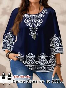 SHEIN CURVE+ 加大码休闲复古印花宽松衬衫，女式加大码蓝白图案复古印花圆领 3/4 袖衬衫，适合夏秋季，教师衬衫，女式秋装，冬季，CURVE PLUS - 彩色 - 查看 1