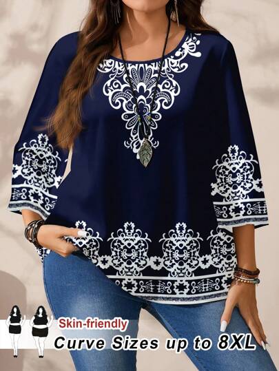 SHEIN CURVE+ Women Plus Size Casual Boho Navy Blue & White Pattern Retro Printed Round Neck 3/4 Sleeve Blouse,Loose Fit Everyday Chic Shirt For Autumn & Winter